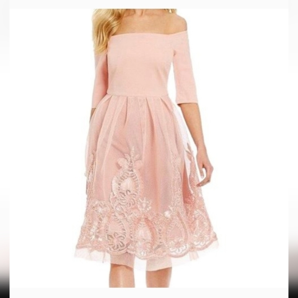 GIANNI Bini Pink Ponte and Mesh Overlay Off the Shoulder Midi Dress L Romantic